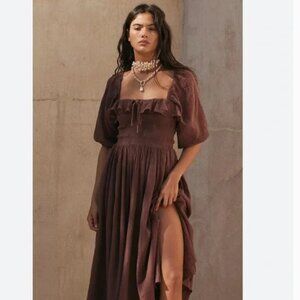 NWT Free People Oasis Midi Smocked Cotton Ruffle Chocolate Love Size Medium